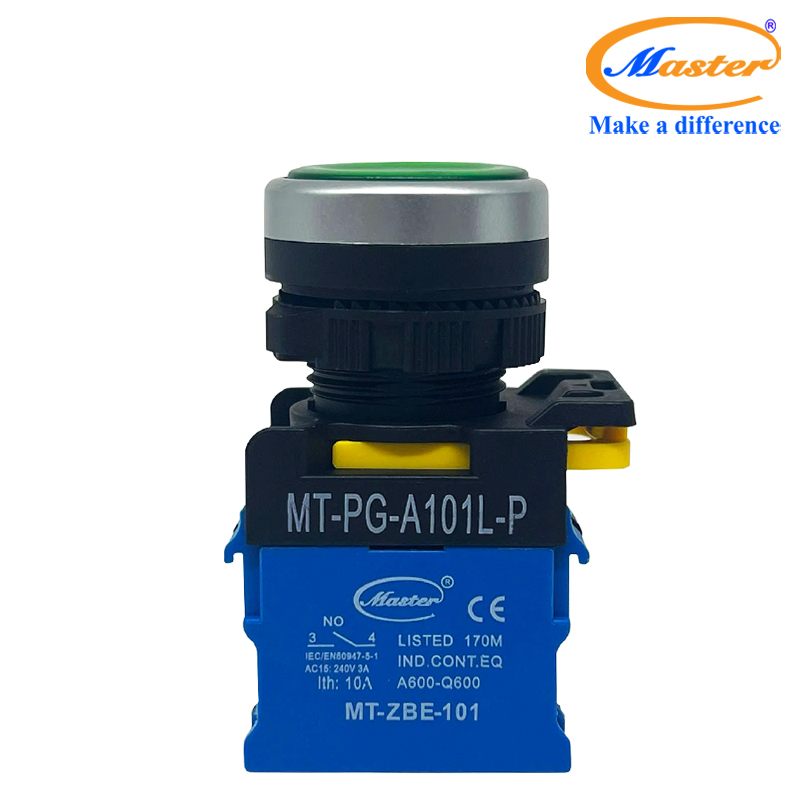 Nút Nhấn ON Có Đèn Xanh Lá MASTER - Loại Tự Nhả, Viền Mạ Bạc