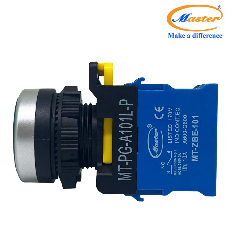 Nút Nhấn ON Có Đèn Xanh Lá MASTER - Loại Tự Nhả, Viền Mạ Bạc