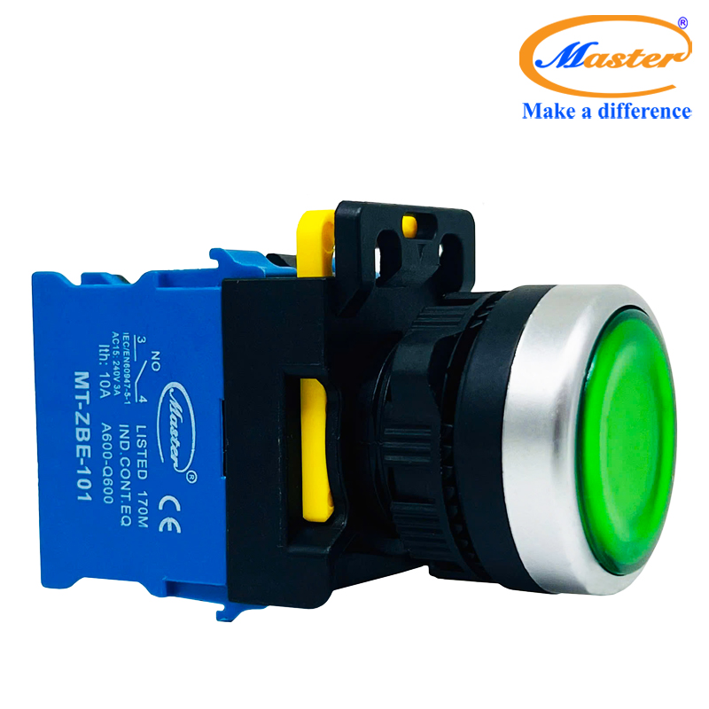 Nút Nhấn ON Có Đèn Xanh Lá MASTER - Loại Tự Nhả, Viền Mạ Bạc