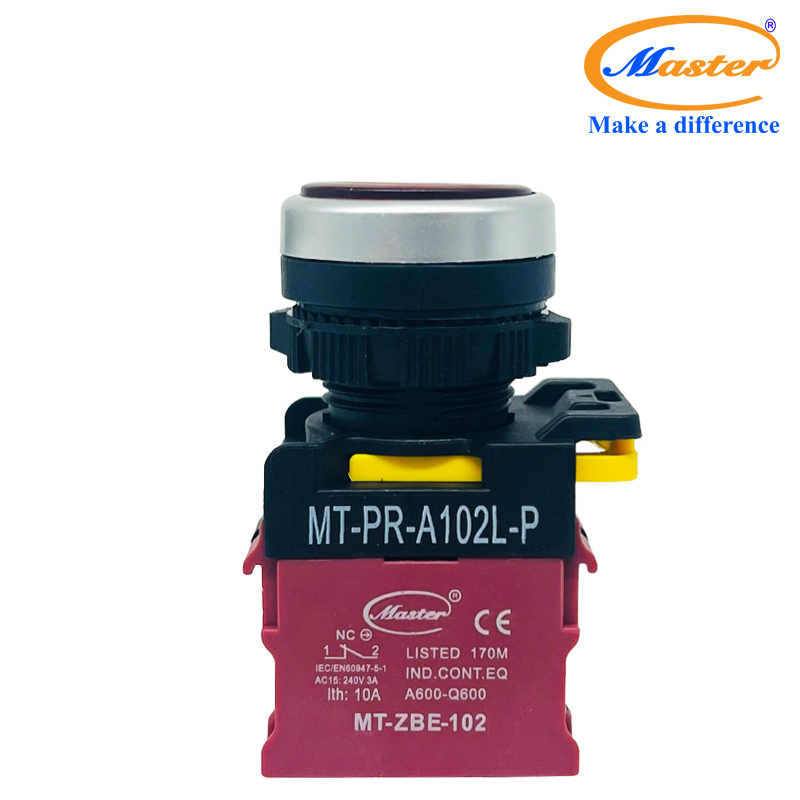 Nút Nhấn OFF Có Đèn Đỏ MASTER - Loại Tự Nhả, Viền Mạ Bạc