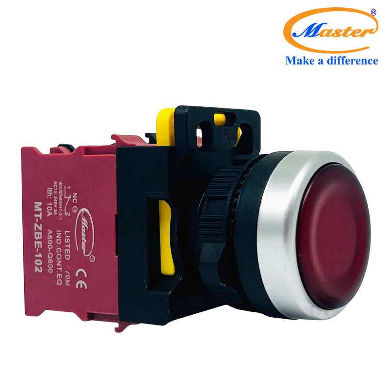 Nút Nhấn OFF Có Đèn Đỏ MASTER - Loại Tự Nhả, Viền Mạ Bạc