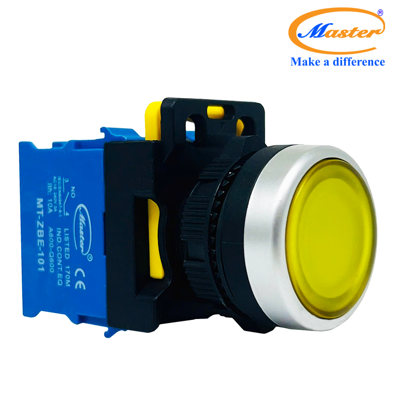 Nút Nhấn RESET Có Đèn Vàng MASTER - Loại Tự Nhả, Viền Mạ Bạc
