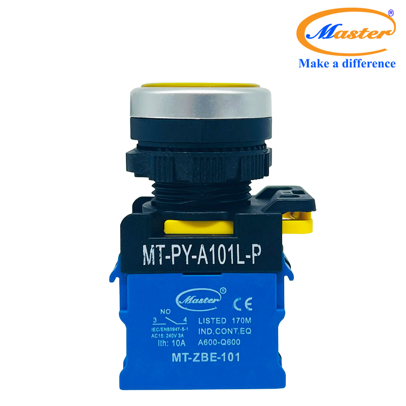 Nút Nhấn RESET Có Đèn Vàng MASTER - Loại Tự Nhả, Viền Mạ Bạc