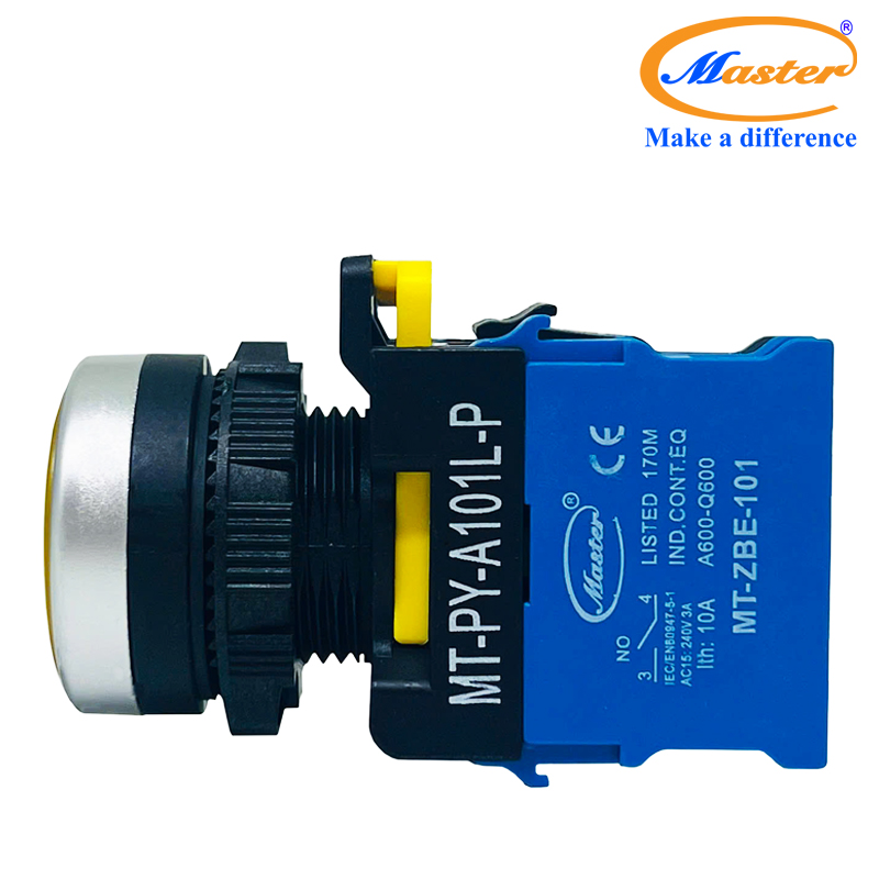 Nút Nhấn RESET Có Đèn Vàng MASTER - Loại Tự Nhả, Viền Mạ Bạc